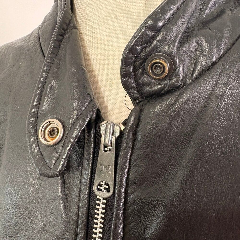 Vintage 70s Black Leather Motorcycle Jacket Sz 15 - Picture 7 of 12